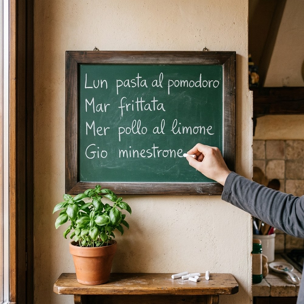 Una lavagnetta in cucina con le cene della settimana scritte a gesso