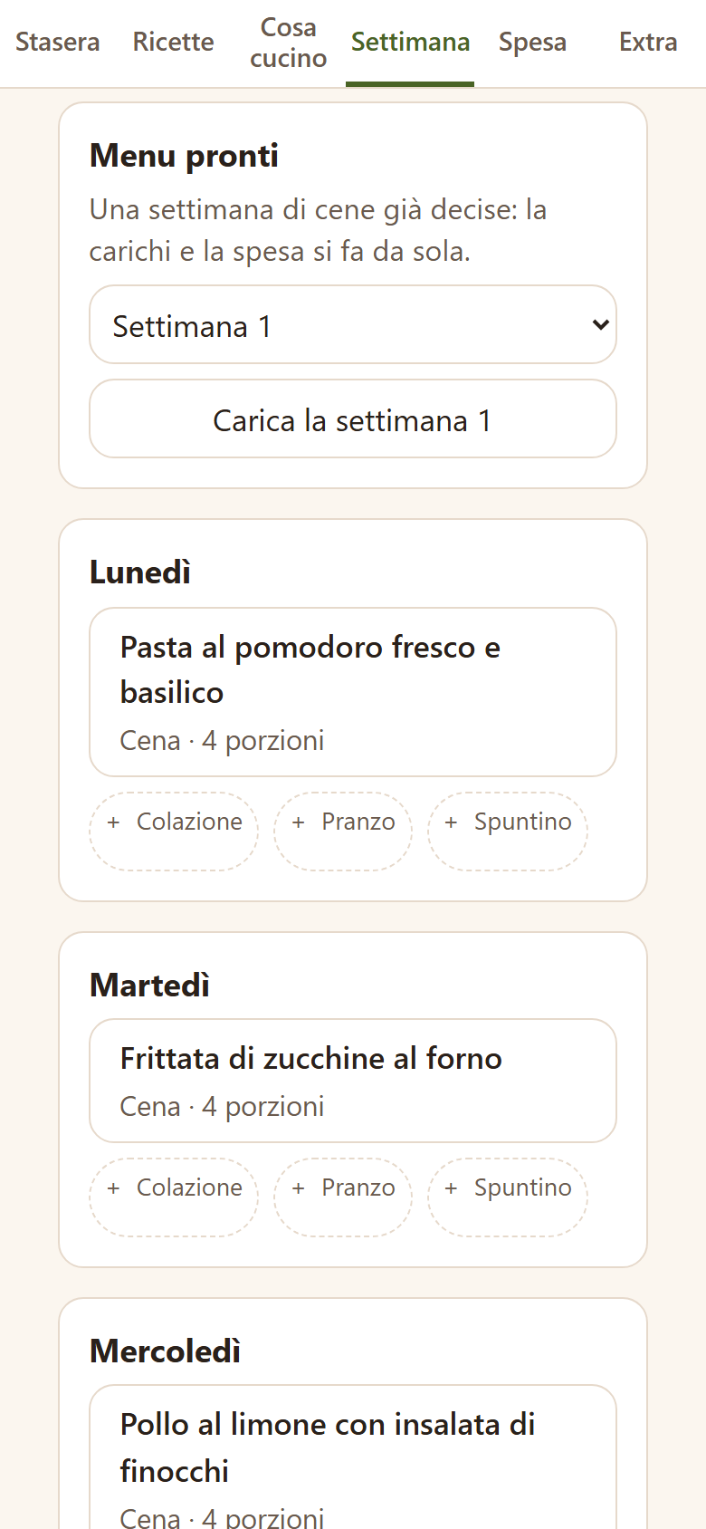 «Menu pronti»: la settimana già caricata