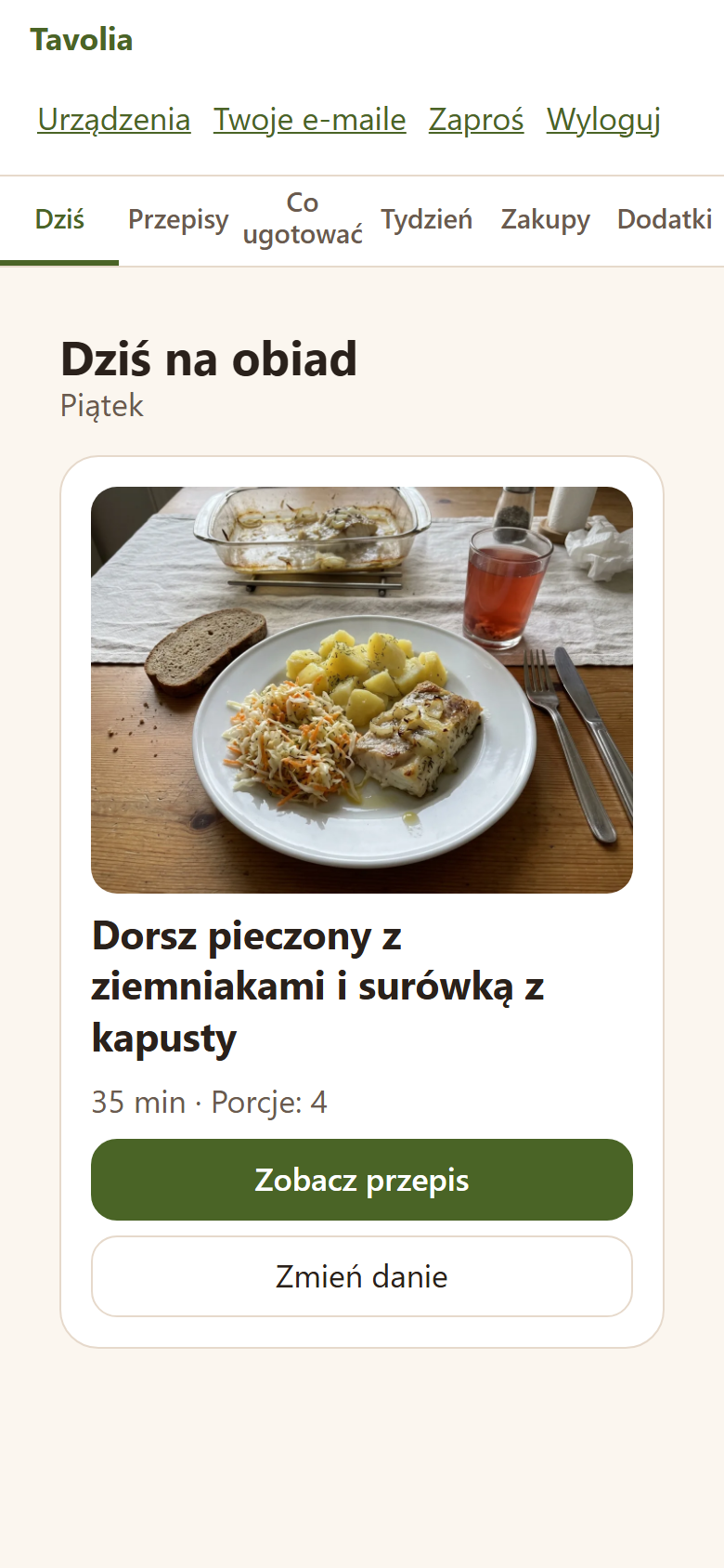 Ekran «Dziś na obiad» z obiadem na dziś
