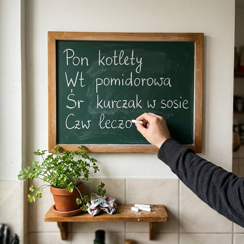 Tablica kredowa w kuchni z obiadami na tydzień