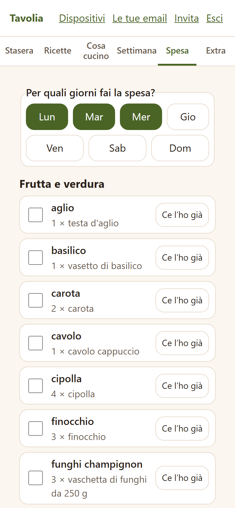 «Per quali giorni fai la spesa?» e la lista