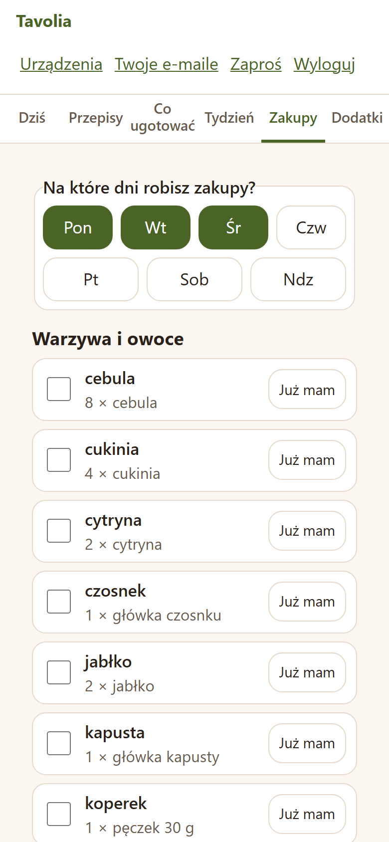«Na które dni robisz zakupy?» i lista